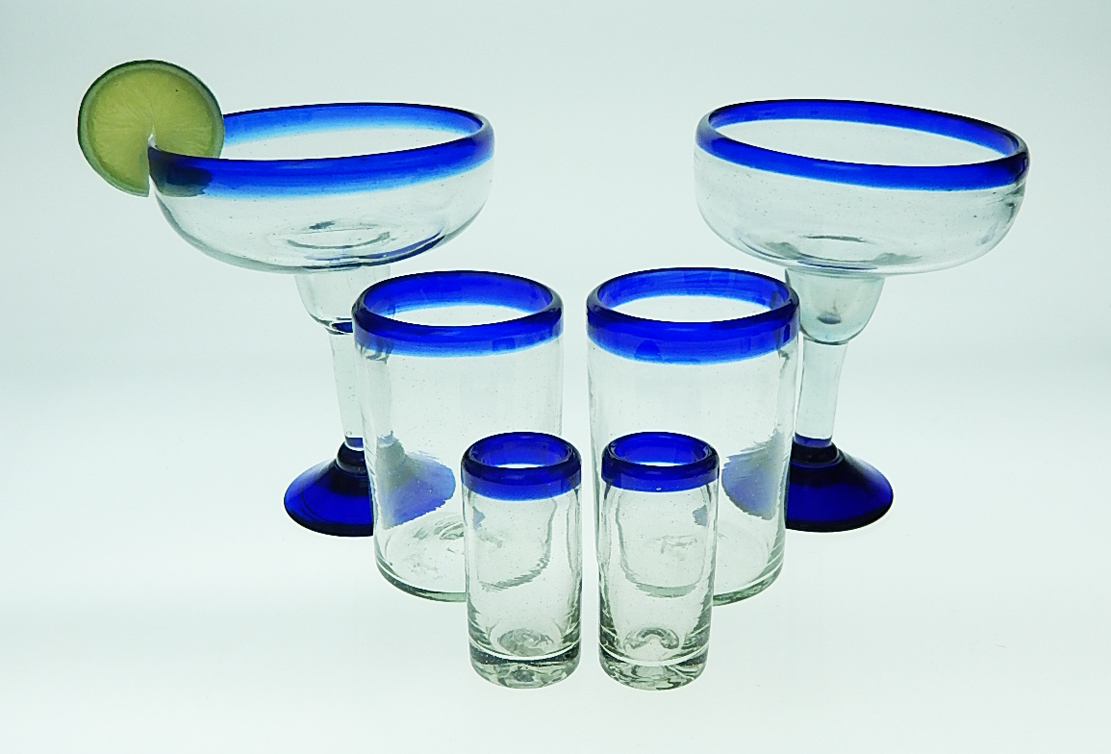 Mexican Bubble Glass Traditional Blue Rim Mexican Glasses Blue Rim Margarita Glasses Blue Rim