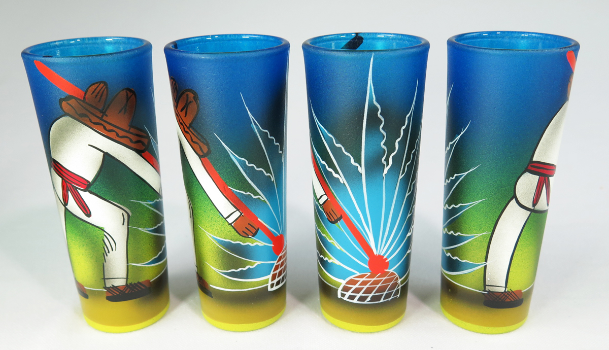 Mexican Shot Glass Set Of Six Tching Tequila Bottle Mexican Hand Painted Shot Glasses Pancho On Blue