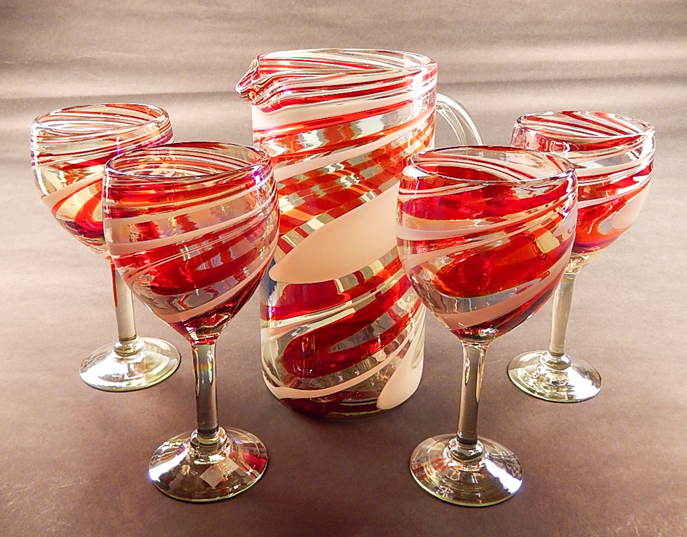 Wine Glasses / Red Swirl Ribbon Wine Glasses /blown Glass Wine