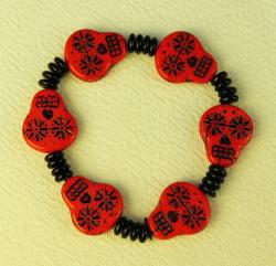 Day of the Dead Jewelry Red Glass skulls and black beads bracelet
