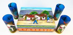 Mexican Tequila Shot Glasses Hand Painted Poncho Agave Cactus and Wood Display Box Set of 4