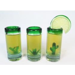 Mexican Tequila Shot Glassses "Three Amigos" Saguaro, Agave, Prickly Pear Cactus, Green Rim, holds 2oz