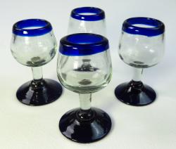 Mexican tequila stemmed shot glasses, blue rim four