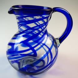 Mexican Glass Margarita Pitcher, Blue Swirl, 4 quarts