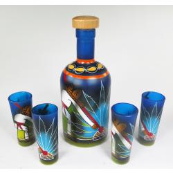 Mexican Tequila Shot Glasses with Tequila Bottle Pancho Agave Jimador (tequila blue agave harvesitng) Tequila Bottle with four Tequila shot glasses