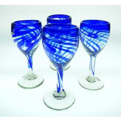 Wine Glasses hand blown  Blue Swirl 4 made in Mexico